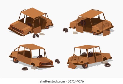 Old rusty car. 3D lowpoly isometric vector illustration. The set of objects isolated against the white background and shown from different sides