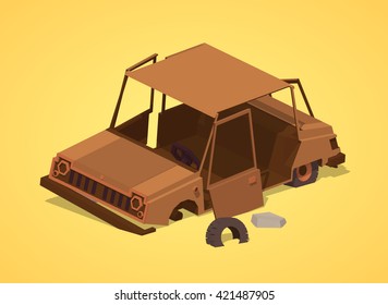 Old rusty car against the yellow background. 3D lowpoly isometric vector illustration