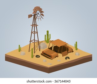 Old rusty car in the desert. 3D lowpoly isometric vector concept illustration