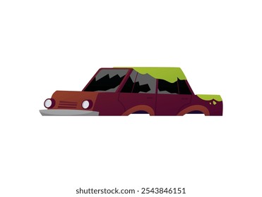 Old rusty car disassembled destroyed, overgrown with grass vector flat illustration. Cartoon abandoned broken machine without wheels. Vandalism, natural cataclysm, post-apocalyptic automobile isolated