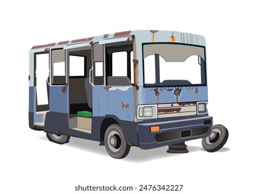 Old rusty car vector illustration. Old abandoned bus transportation. Isolated on white background.