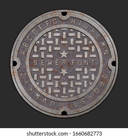 Old rusty iron alphabet font realistic manhole cover   Easy to edit vector design and layers   Sewer cover template for use in your unique design  