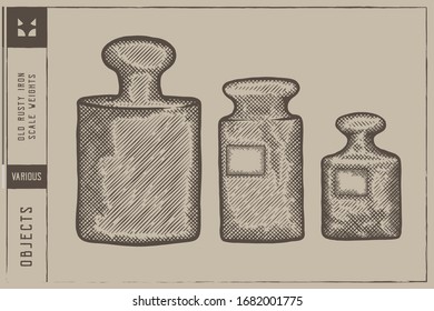 Old rusty iron scale weights  Vector illustration - Hand drawn - Out line
