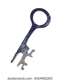 Old rusty key, grunge texture, isolated on white background.