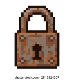 Old rusty metal lock pixel art illustration for game asset and security design concept