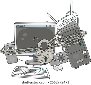 Old rusty padlock with a chain on a desktop computer and Internet router with blocked connection, vector cartoon illustration isolated on a white background