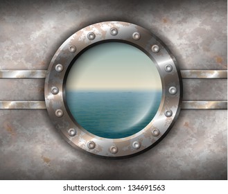 Old rusty porthole with rivets and seascape outside