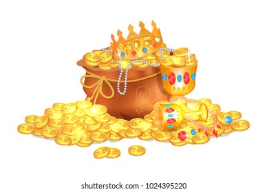 Old sack full of shiny royal gold and gemstones. Luxurious crown, fancy goblet, pearl beads and ancient gold coins isolated cartoon vector illustration.