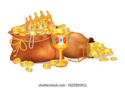 Old sacks stuffed with gold coins and jewelry. Mysterious treasure hidden in bags. Royal crown and luxurious goblet isolated vector illustration.