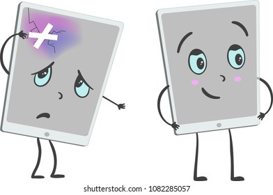 Old sad broken phone with cracks and scratches phone and new happy renovated smiling clear phone.Vector flat cartoon illustration character icon.Isolated on white background.Repair smartphones concept