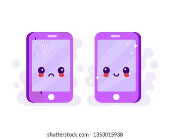 Old sad broken phone with cracks and scratches phone and new happy renovated smiling clear phone.Vector flat cartoon illustration character icon.Isolated on white background.Repair smartphones concept