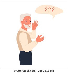 Old sad man holding head in hands in worry and doubt, cognitive problem of forgetful confused elderly patient cartoon. Memory loss problem, diagnosis of dementia in senior people