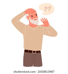 Old sad man holding head in hands in worry and doubt, cognitive problem of forgetful confused elderly patient cartoon. Memory loss problem, diagnosis of dementia in senior people
