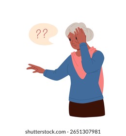 Old sad woman with Alzheimer symptoms, confused grandmother with worry and question marks in thoughts cartoon. Memory loss problem, diagnosis of dementia in elderly patient