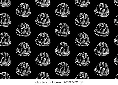 old safety helmet doodle seamless pattern on black background for miner, explorer, adventure mining helmet engraving pattern background. retro mine helmet protection hatching illustration wallpaper