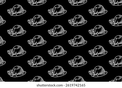 old safety helmet with lamp doodle seamless pattern on black background for miner, explorer, adventure mining helmet engraving pattern background. classic helmet with flashlight illustration wallpaper