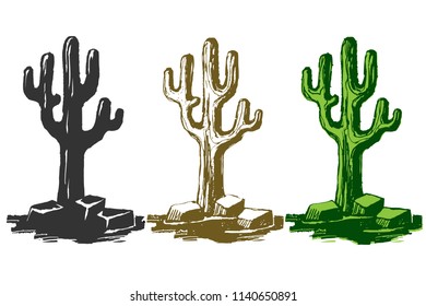 Old saguaro cactus isolated on white background, Carnegiea gigantea vector illustration. Set of different color solutions.