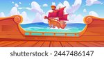 Old sail boat view from ship deck in sea cartoon illustration. Wood traditional galleon with red sailboat wallpaper design. Ocean adventure scene. Marine haunting panorama landscape on sunny day