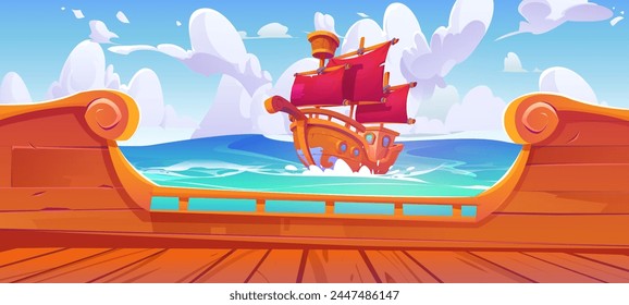 Old sail boat view from ship deck in sea cartoon illustration. Wood traditional galleon with red sailboat wallpaper design. Ocean adventure scene. Marine haunting panorama landscape on sunny day