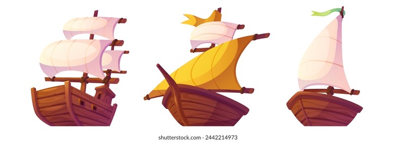 Viejo barco de vela. Barco de madera para la ilustración del mar. Ocean galleon velero clipart. Corsario náutico aislado con mástil y cubierta para cuento de hadas de aventura. Juego de transporte vintage clipper y brigantine