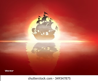 Old sail ship floating on calm ocean in front of sunset. Vector illustration