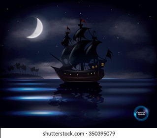 Old sail ship floating on calm ocean with half moon and stars in background, fantasy vector