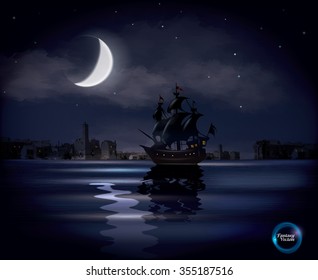 Old sail ship floating on calm ocean with half moon and stars in background, fantasy vector