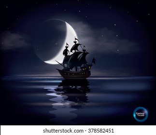 Viejo velero flotando en un océano tranquilo con media luna y estrellas en segundo plano, vector fantasía