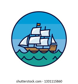 Old sail ship on the sea, color filled  circular line icon vector illustration