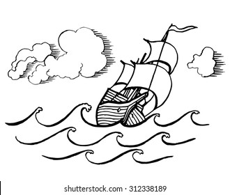 Old sail ship under strong wind in the sea