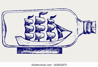 Old sailboat in glass bottle. Doodle style