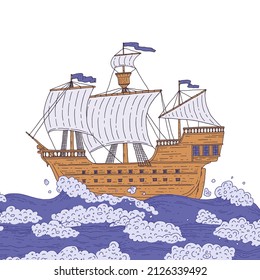 Old sailboat on the sea waves. Ship with sails doodle sketch isolated illustration.