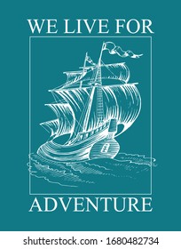 Old sailboat ship. Hand drawing, vector image.