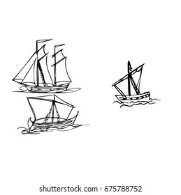 Old sailboat. Sketch. Set.