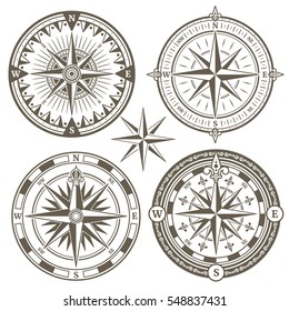 Old sailing marine navigation compass, wind rose vector icons - Shutterstock ID 548837431
