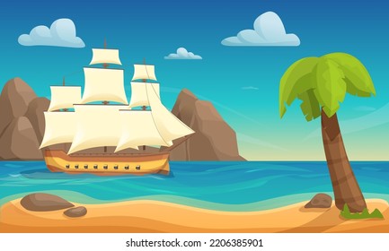 barco de vela antiguo en una bahía con rocas, ilustración vectorial