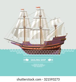 Old Sailing Ship. Flat Design.