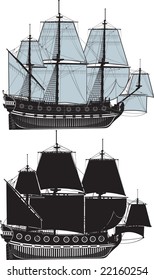 The old sailing ship. The full version and a contour