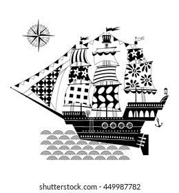 Old sailing ship. Nautical Collection. Black and white. Vector illustration