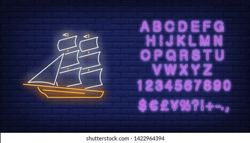 Old sailing ship neon sign. Vessel, voyage, adventure design. Night bright neon sign, colorful billboard, light banner. Vector illustration in neon style.