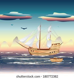 Old sailing ship on the open ocean at sunset.