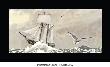 Old sailing ship on a rough sea - vector illustration