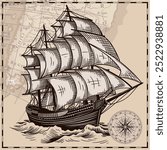 An old sailing ship on the sea waves against the background of an old map
