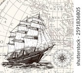 An old sailing ship on the sea waves against the background of an old North America map.