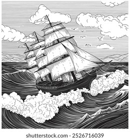 An old sailing ship on the sea waves. Vector drawing on white background.