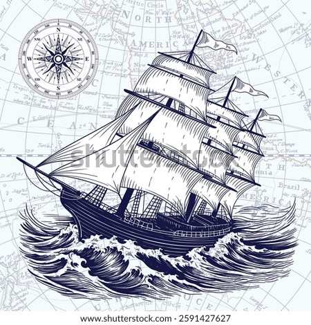 An old sailing ship on the sea waves against the background of an old map