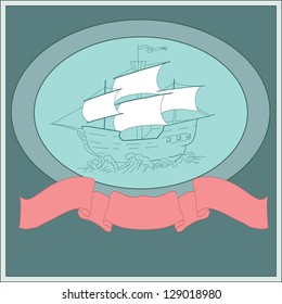 Old sailing ship  in the oval frame