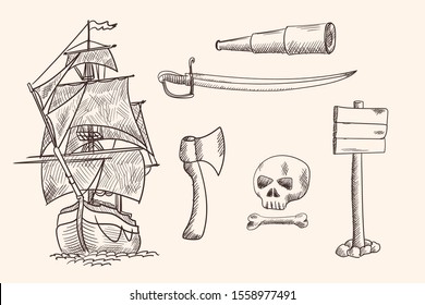Old sailing ship and pirate items. Simple hand drawing.