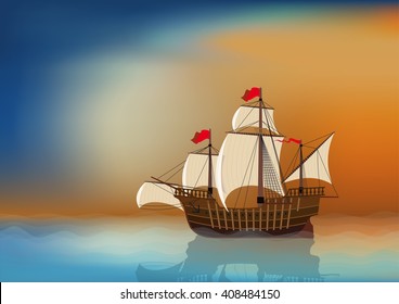 An old sailing ship in the sea at sunset with blank place for your text