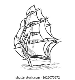 Old sailing ship at sea, vector sketch illustration 